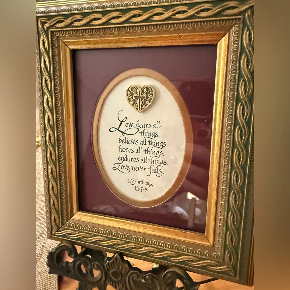 Bible Verse from 1 Corinthians 13:7–8 in an Ornate GoldTone Frame w/Burgundy Mat